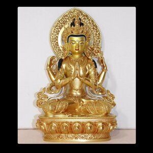AVALOKITESVARA Large Artisan BUDDHA Statue-4 Arms-Gilded Copper Metal Sculpture